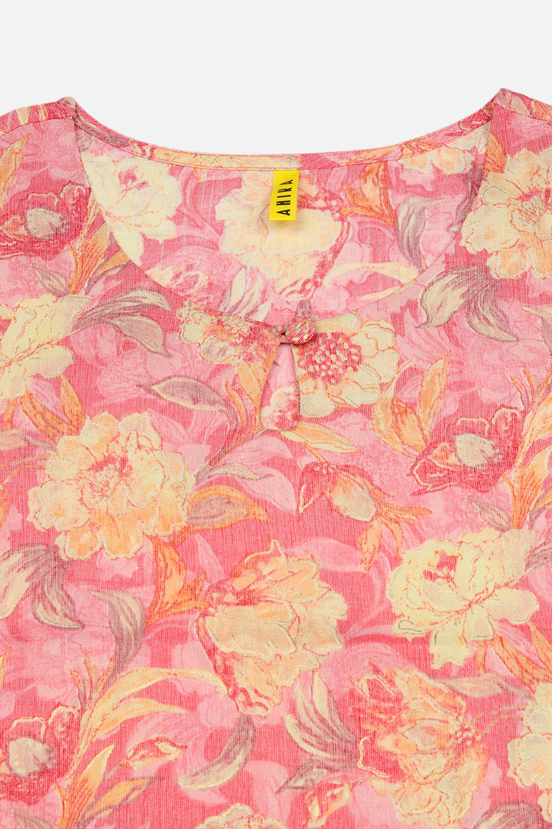 Women's Pink Viscose Rayon Floral Printed Regular Fit Kurta - Ahika