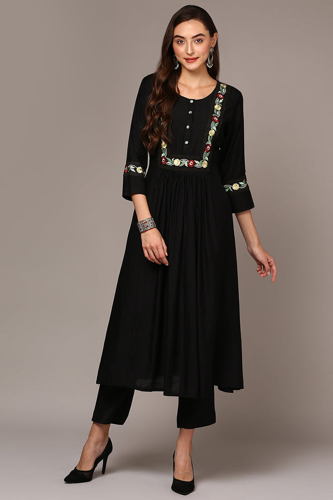 Women's Black Viscose Rayon Embroidered Flared Kurta
