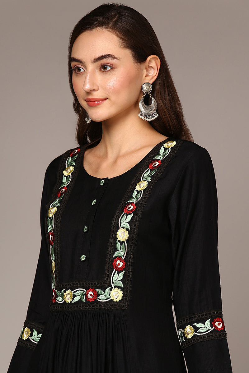 Women's Black Viscose Rayon Embroidered Flared Kurta - Ahika