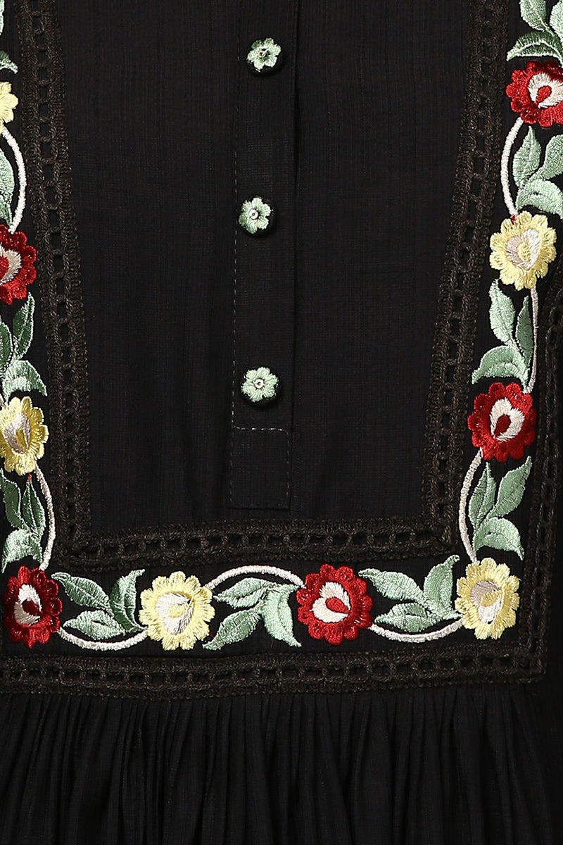 Women's Black Viscose Rayon Embroidered Flared Kurta - Ahika