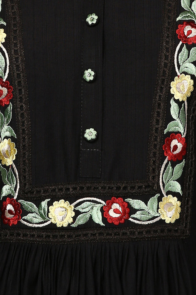 Women's Black Viscose Rayon Embroidered Flared Kurta