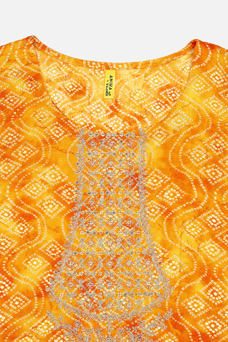 Women's Yellow Viscose Rayon Bandhani Printed Regular Fit Kurta - Ahika