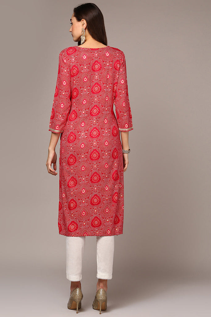 Women's Pink Viscose Rayon Bandhani Straight Kurta