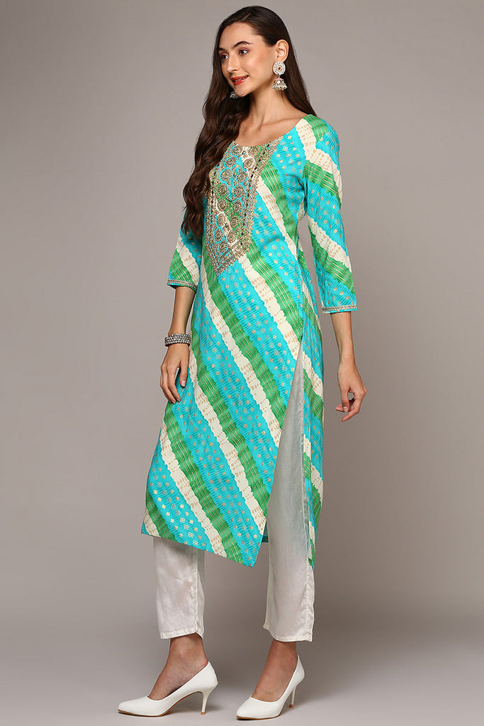 Women's Blue Viscose Rayon Leheriya Straight Kurta