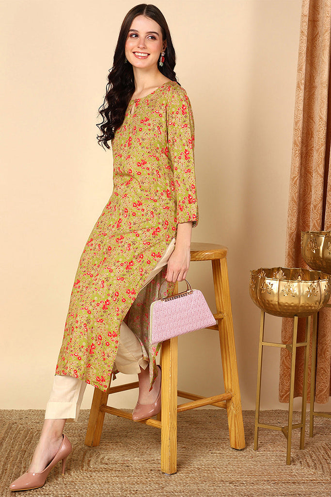 Women's Mustard Viscose Rayon Ethnic Motifs Straight Kurta
