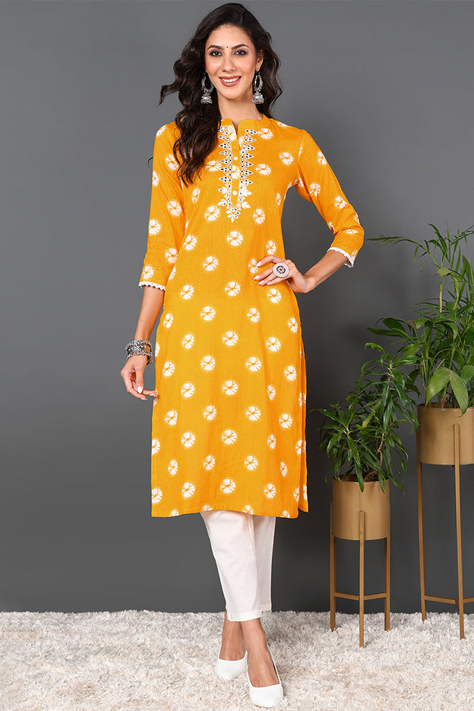 Women's Yellow Cotton Embroidered Ethnic Motifs Straight Kurta