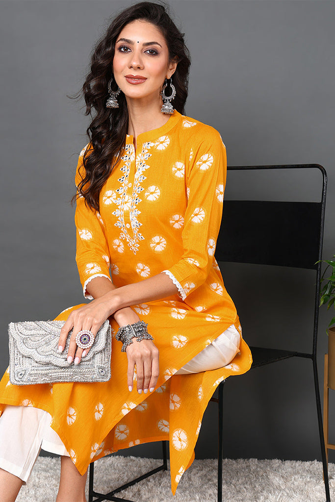 Women's Yellow Cotton Embroidered Ethnic Motifs Straight Kurta