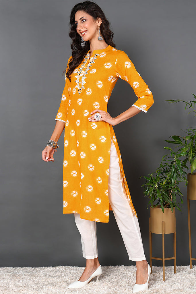 Women's Yellow Cotton Embroidered Ethnic Motifs Straight Kurta