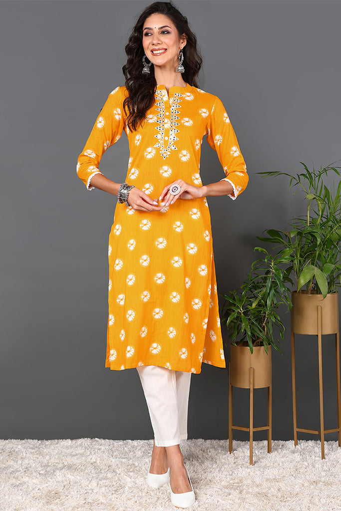 Women's Yellow Cotton Embroidered Ethnic Motifs Straight Kurta