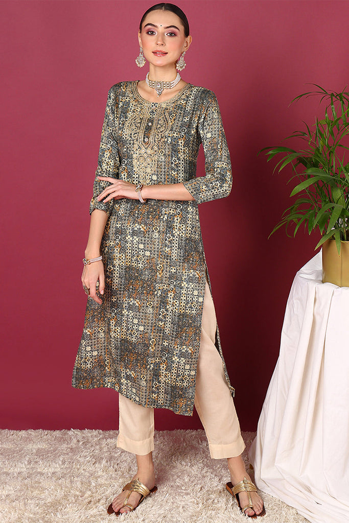 Women's Blue Viscose Rayon Ethnic Motifs Printed Straight Kurta
