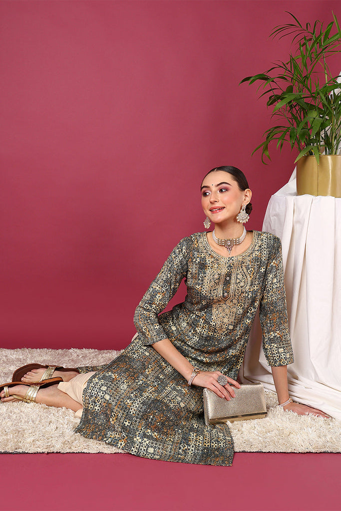 Women's Blue Viscose Rayon Ethnic Motifs Printed Straight Kurta
