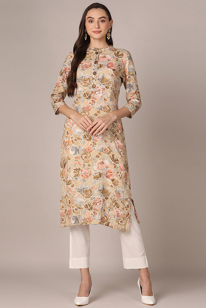 Women's Khaki Viscose Rayon Floral Printed Straight Kurta