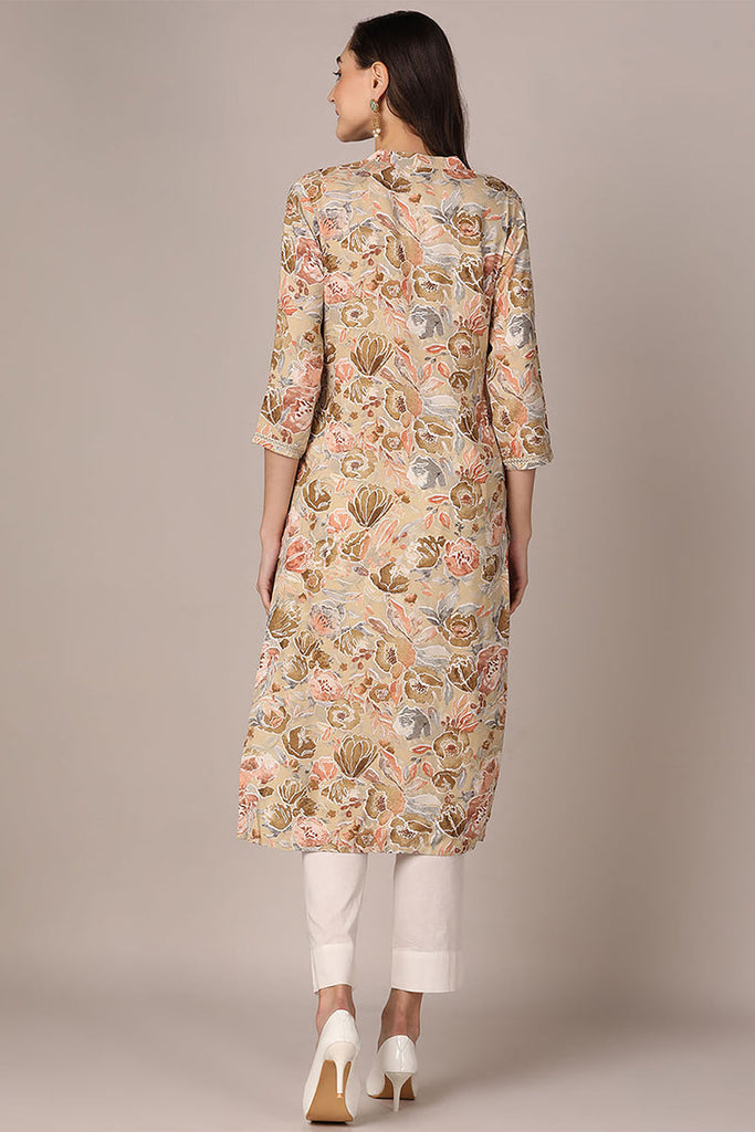 Women's Khaki Viscose Rayon Floral Printed Straight Kurta