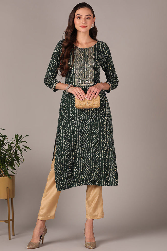 Women's Green Viscose Rayon Bandhani Embroidered Straight Kurta