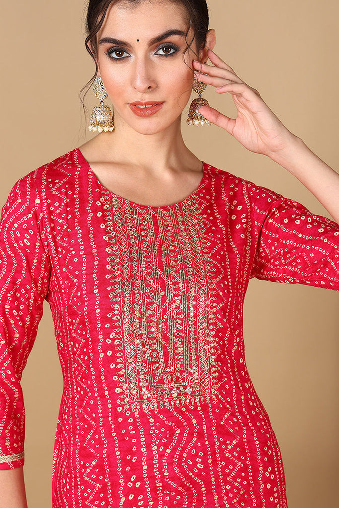 Women's Pink Viscose Rayon Bandhani Embroidered Straight Kurta