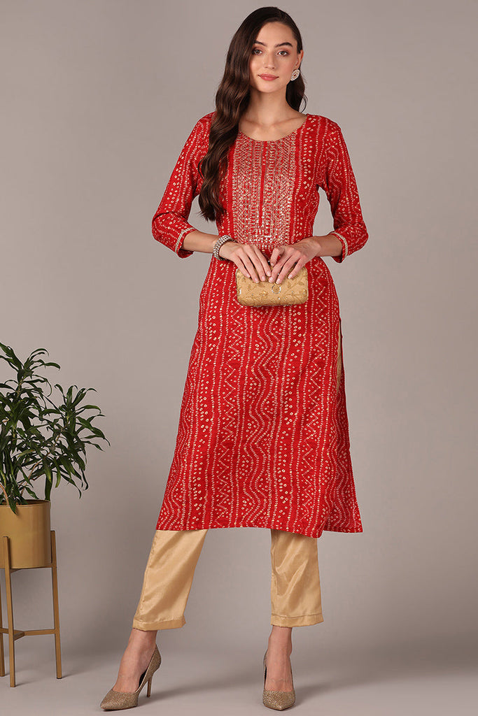 Women's Red Viscose Rayon Bandhani Embroidered Straight Kurta