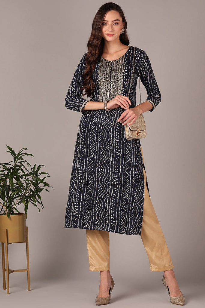Women's Navy Blue Viscose Rayon Bandhani Embroidered Straight Kurta