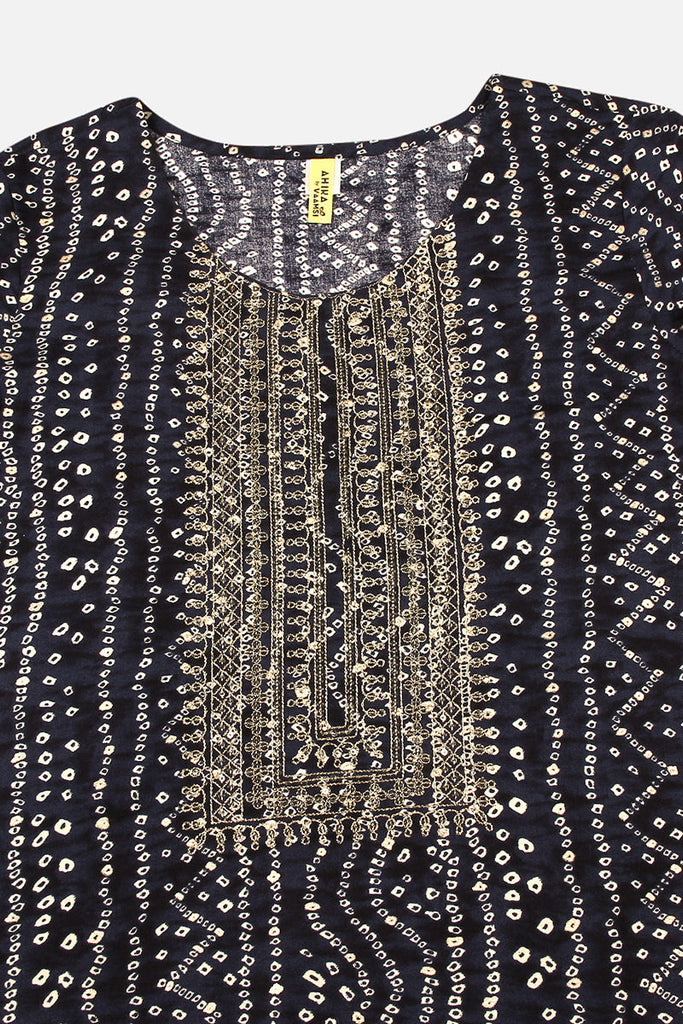 Women's Navy Blue Viscose Rayon Bandhani Embroidered Straight Kurta