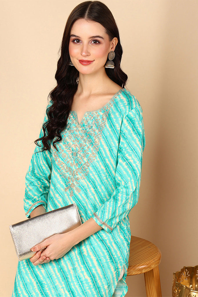 Women's Sea Green Viscose Rayon Leheriya Printed Straight Kurta