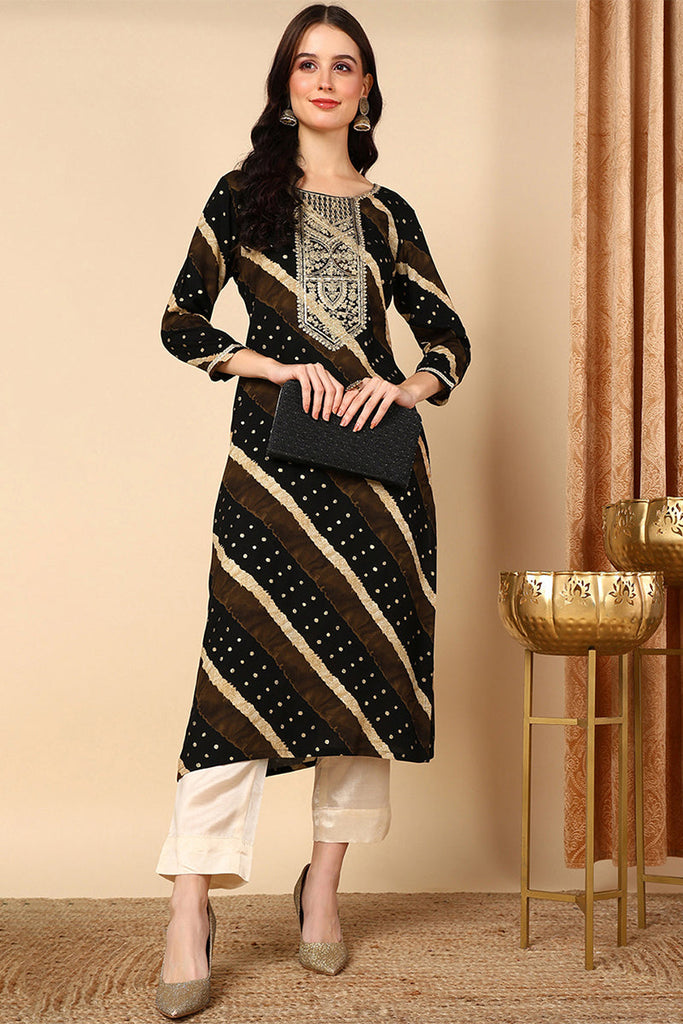 Women's Black Viscose Rayon Leheriya Printed Straight Kurta