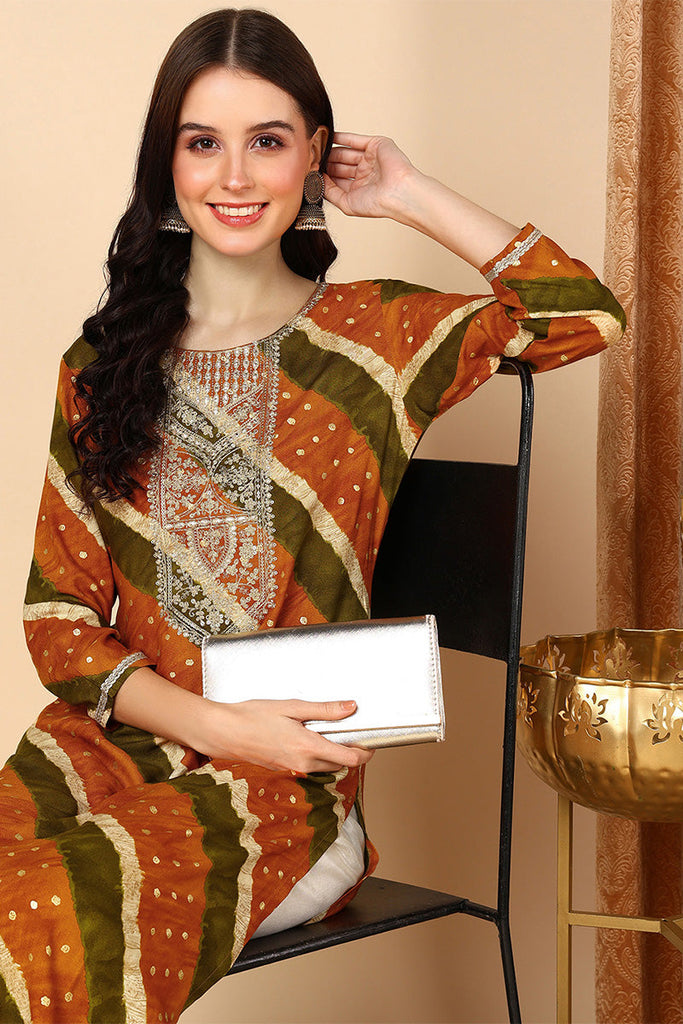 Women's Mustard Viscose Rayon Leheriya Printed Straight Kurta