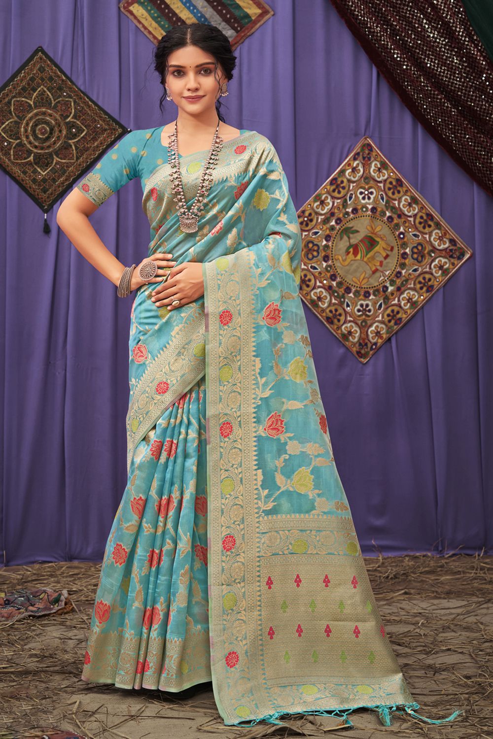 Women's Sky Blue Organza Woven Zari Work Traditional Tassle Saree - Sangam Prints