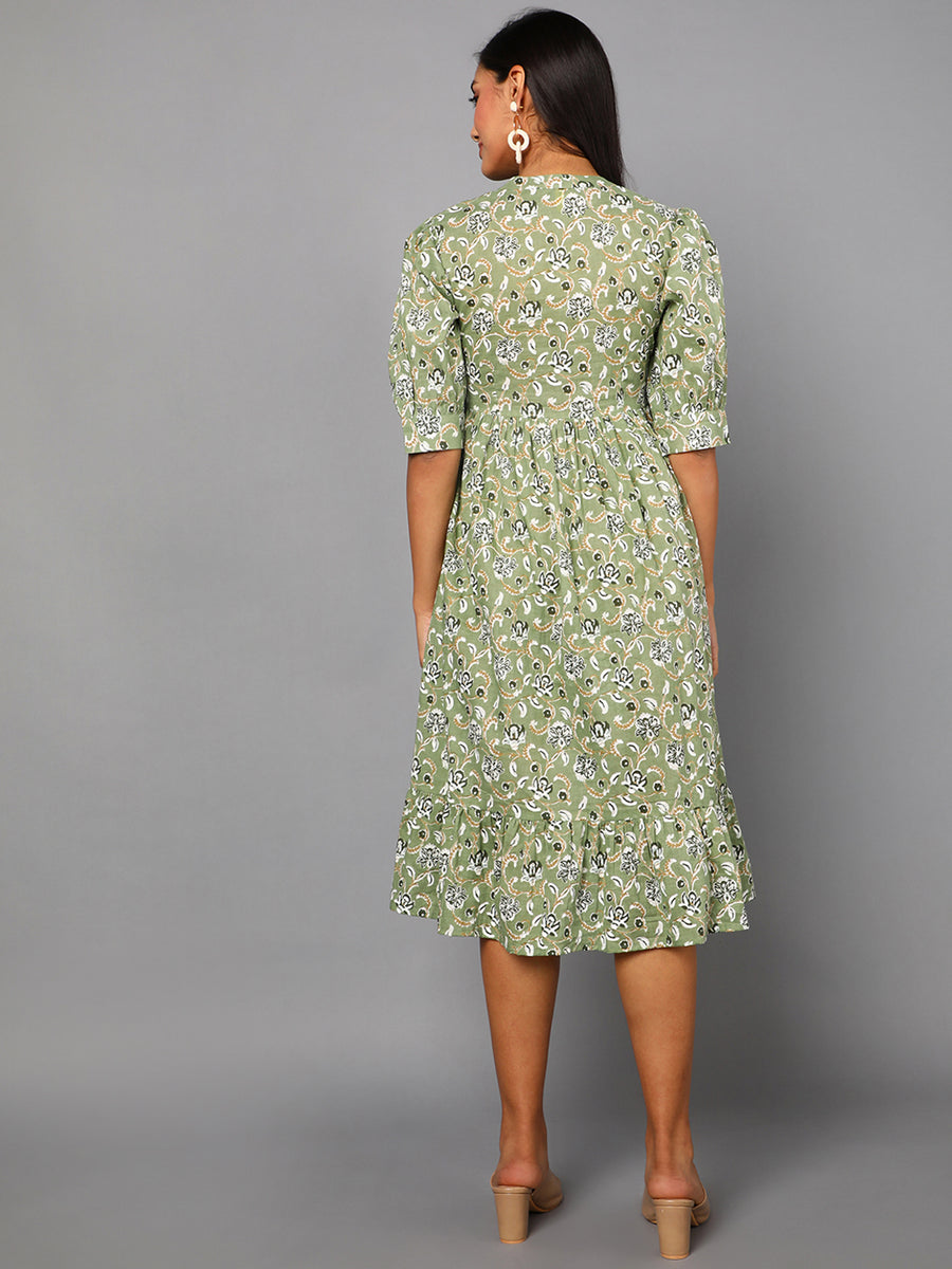 Women's Green Cotton Floral Printed Dress – Trendia