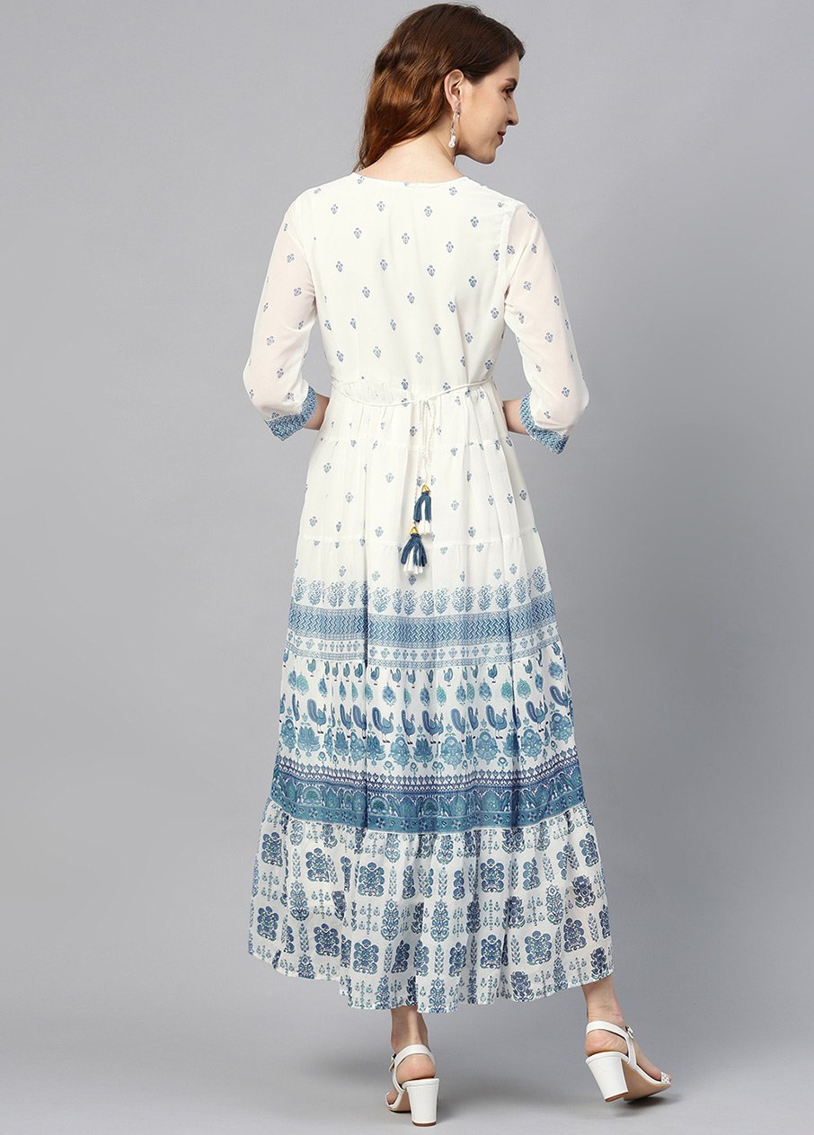 Women's Blue Georgette Embroidered Tiered Dress1 - Juniper