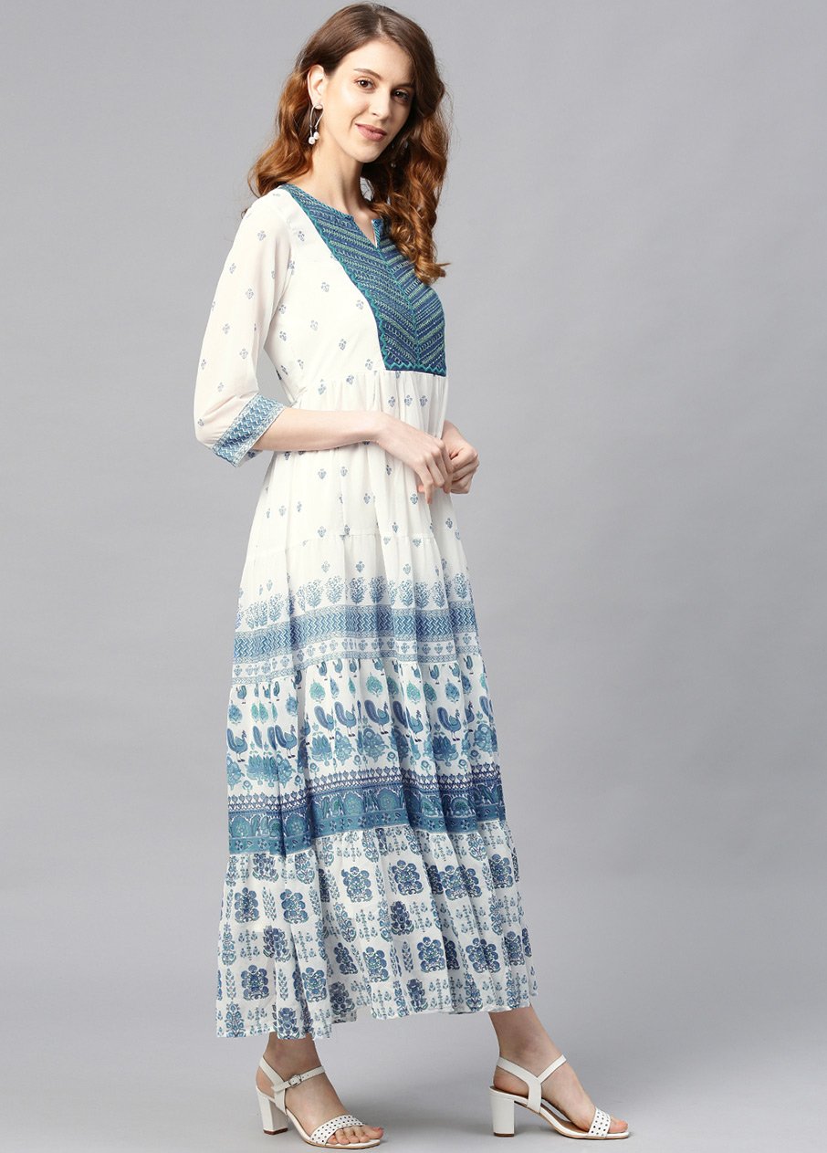 Women's Blue Georgette Embroidered Tiered Dress1 - Juniper