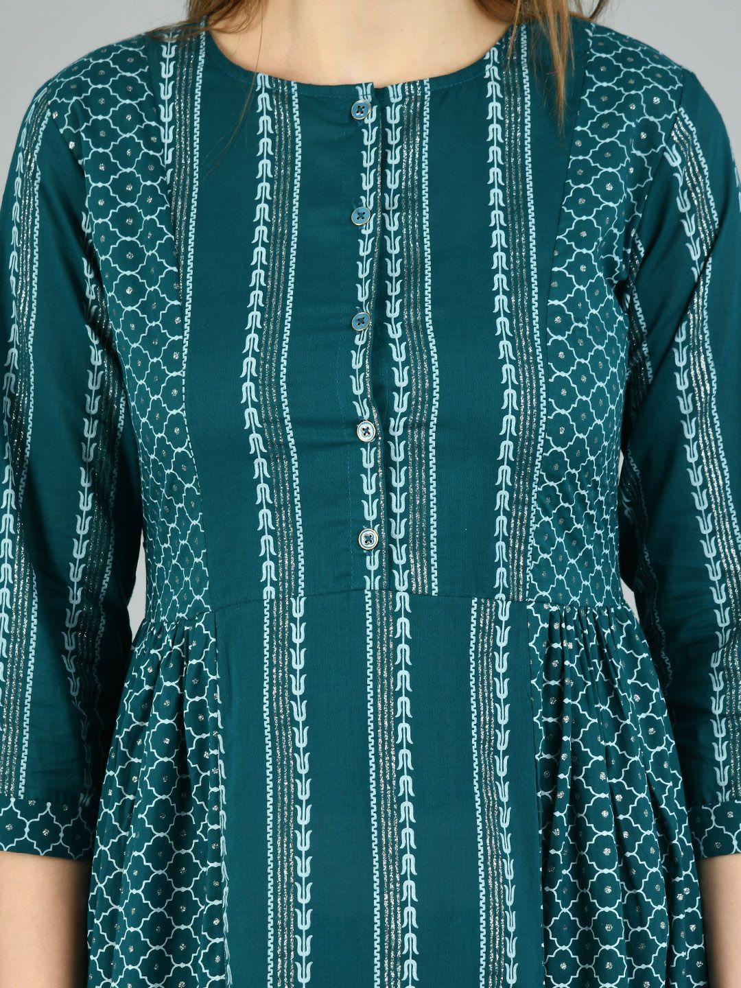 Women's Green Cotton Printed 3/4 Sleeve Round Neck Casual Dress - Myshka