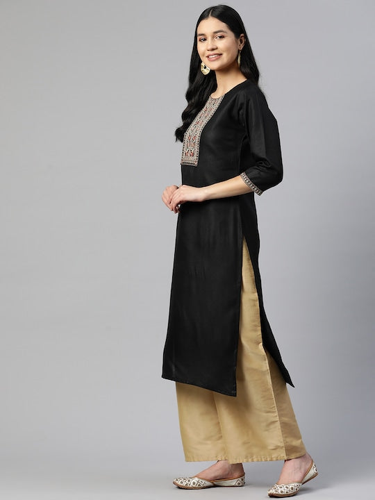 Women's Embroidered Straight Cotton Blend Black Stitched Kurta - Vbuyz