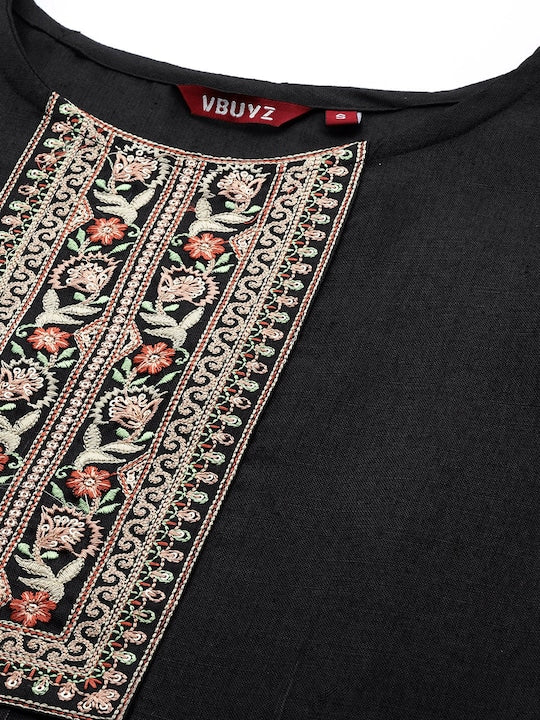 Women's Embroidered Straight Cotton Blend Black Stitched Kurta - Vbuyz