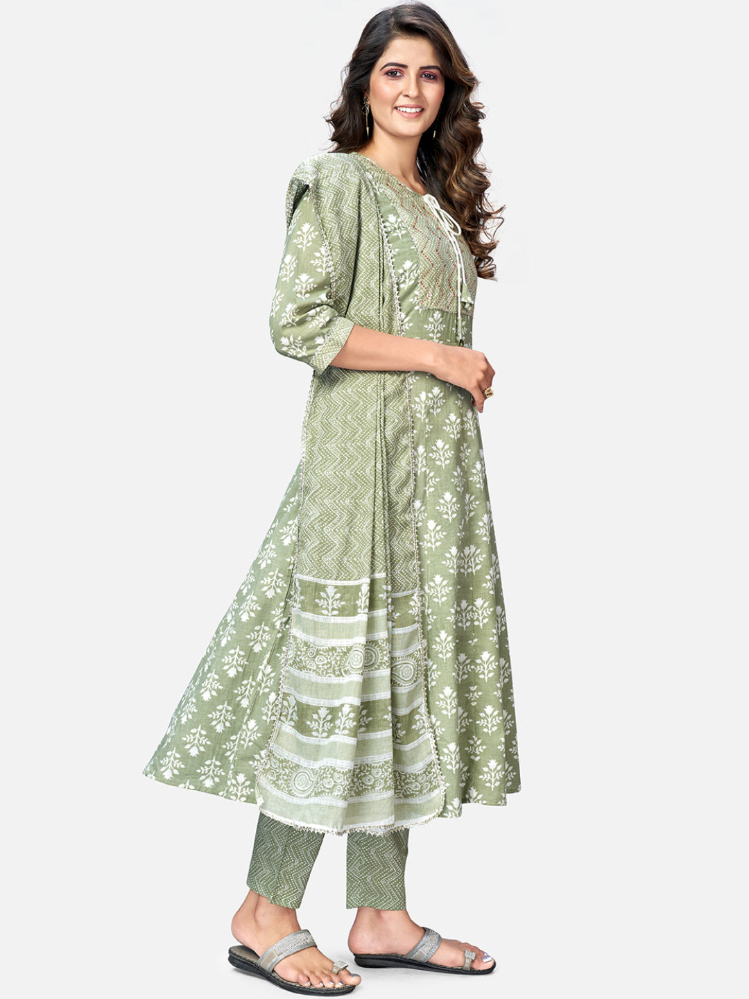 Women's Pista Green Anarkali Cotton Kurta With Pant & Dupatta By Vbuyz (3Pcs Set)