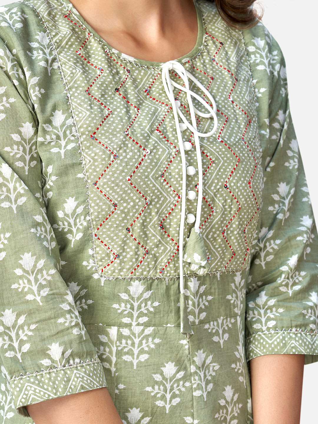 Women's Pista Green Anarkali Cotton Kurta With Pant & Dupatta By Vbuyz (3Pcs Set) USA
