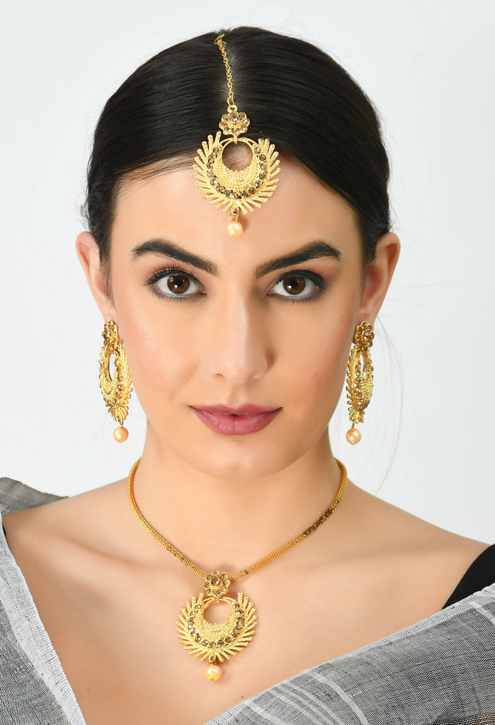 Kamal Johar Gold-Plated Necklace with Earrings & Tikka Mangal