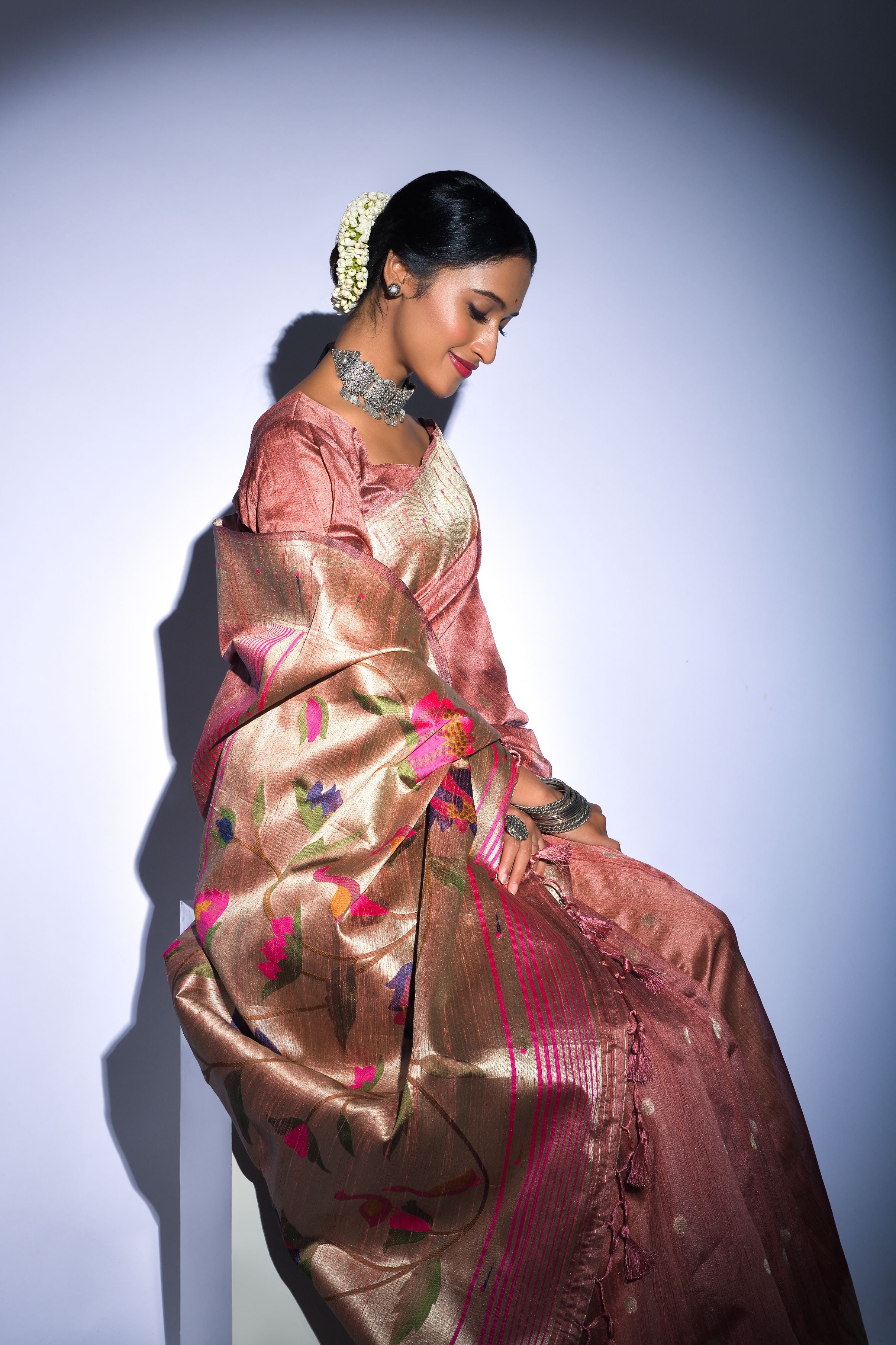 Women's Copper Woven Tussar Silk Saree with Tassels - Vishnu Weaves
