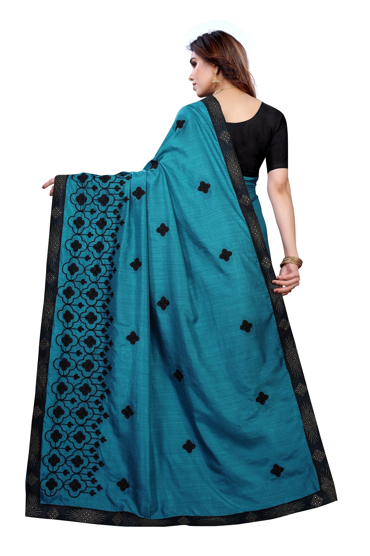 Women's Rama Green Dola Silk Embroidery Saree - Vamika