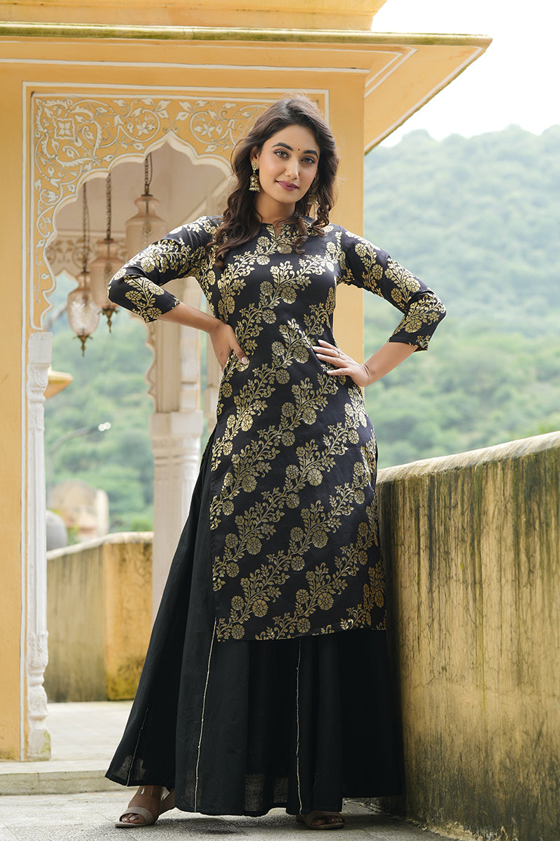 Women's Black Gold-Toned Ethnic Motifs Woven Design Pure Cotton Kurta With Skirt - Ahika