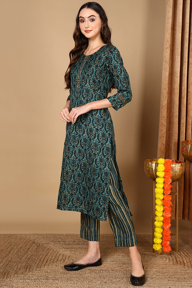 Women's Cotton Blend Green Floral Printed Straight Kurta With Pant - Ahika