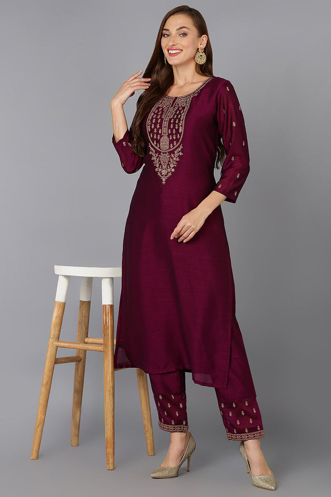 Women's Silk Blend Wine Embroidered Kurta With Pant