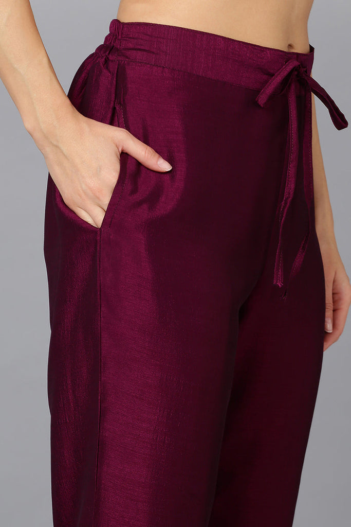 Women's Silk Blend Wine Embroidered Kurta With Pant