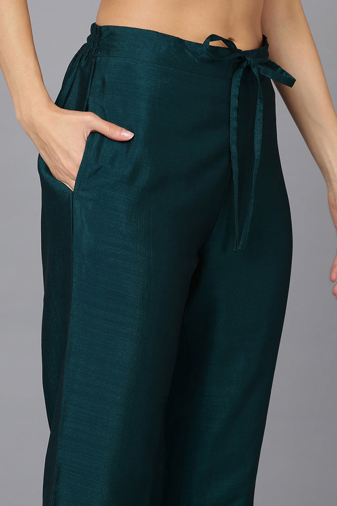Women's Silk Blend Bottle Green Embroidered Kurta With Pant