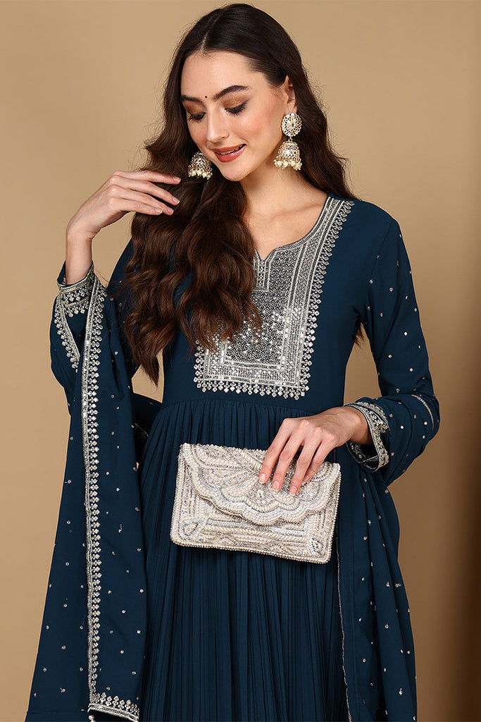 Women's Teal Georgette Solid Yoke Design Anarkali Kurta With Dupatta