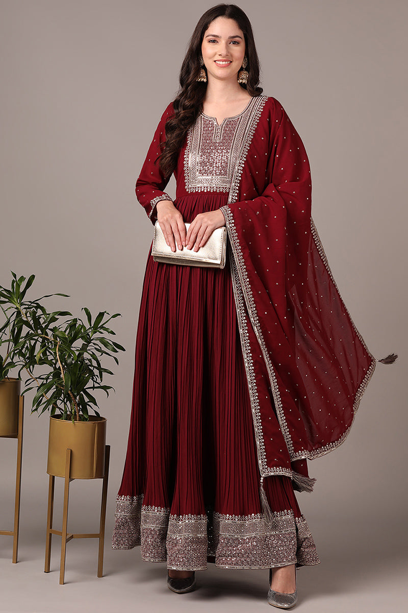 Women's Magenta Georgette Solid Yoke Design Sequinned Anarkali Kurta With Dupatta - Ahika