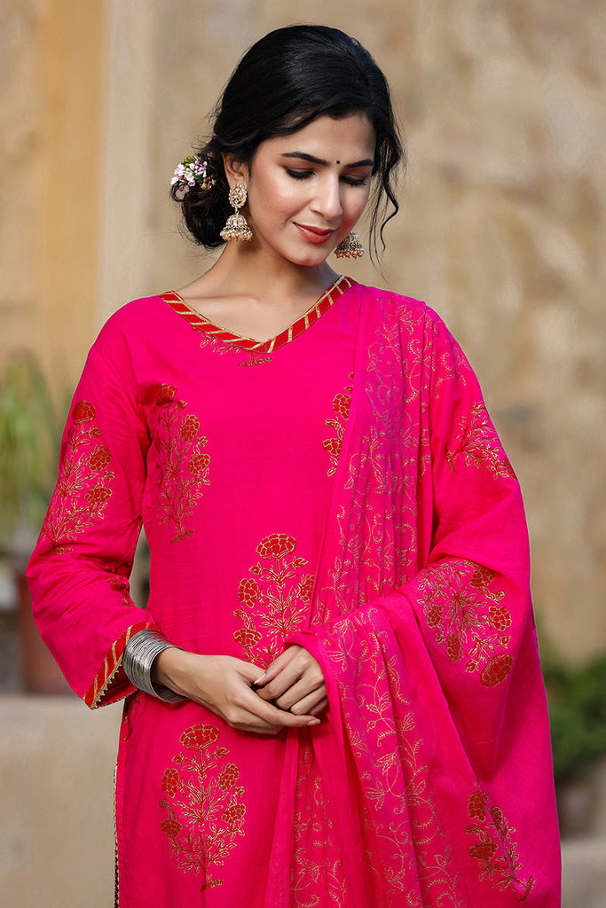 Women's Cotton Printed Kurta Palazzo Dupatta Set