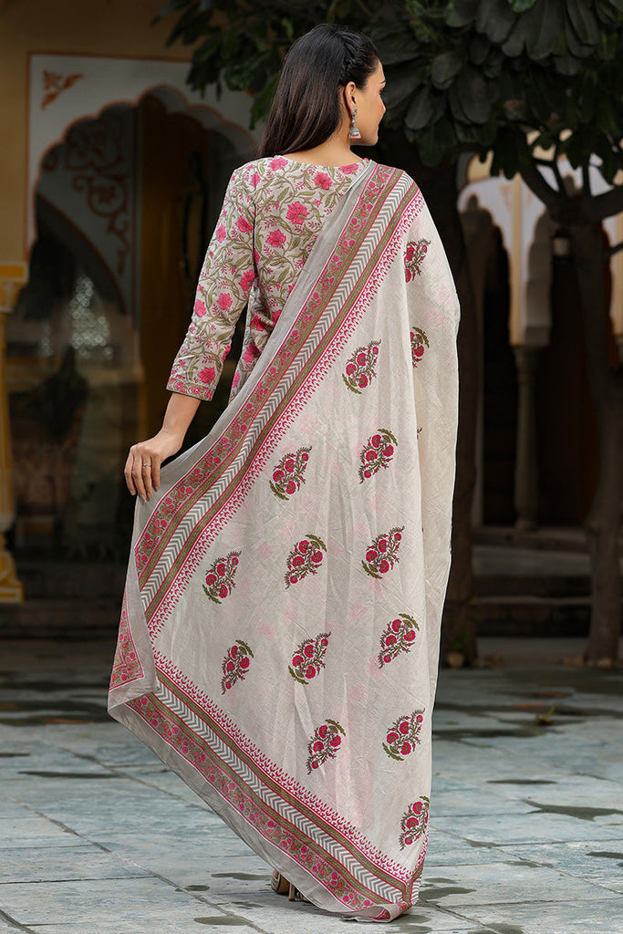 Women's Cotton Blend Printed Kurta Pants And Dupatta Set