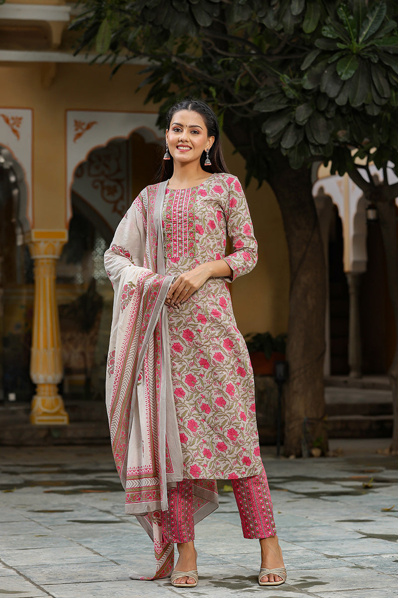 Women's Cotton Blend Printed Kurta Pants And Dupatta Set - Ahika