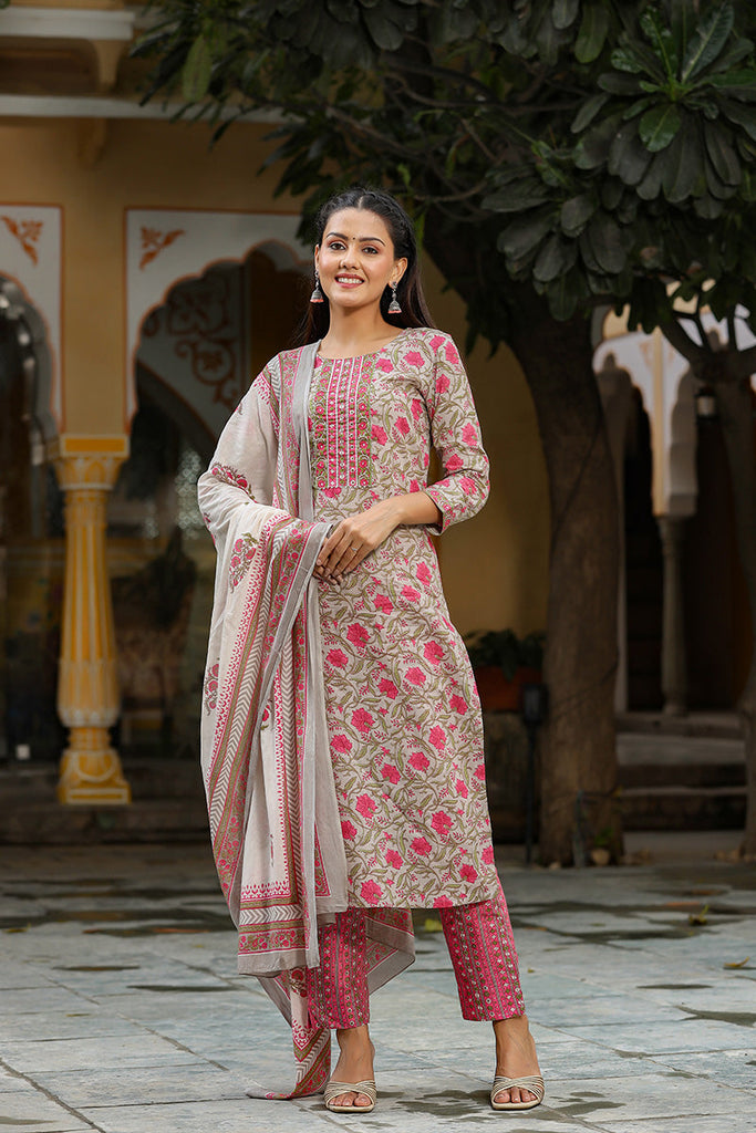 Women's Cotton Blend Printed Kurta Pants And Dupatta Set