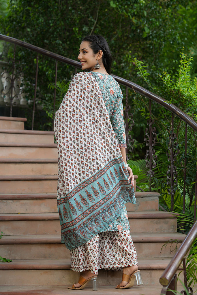 Women's Cotton Printed Kurta Pants And Dupatta Set