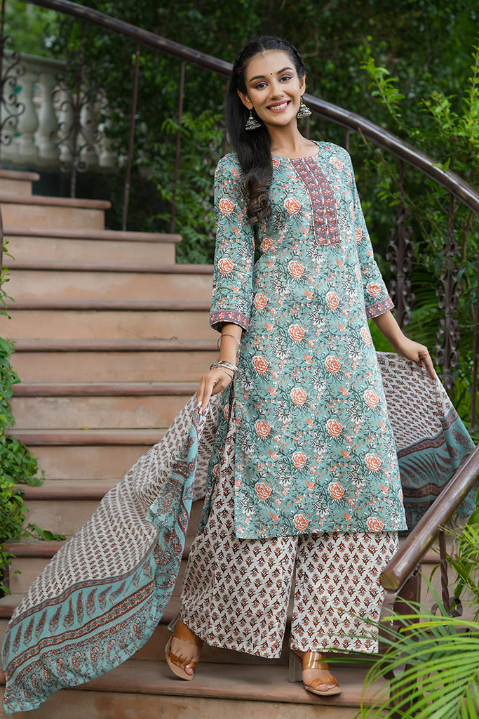 Women's Cotton Printed Kurta Pants And Dupatta Set